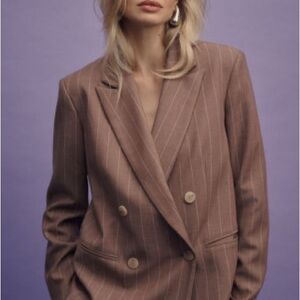 Women's Small Double-Breasted Relaxed Fit Blazer - Brown Stripe Combo